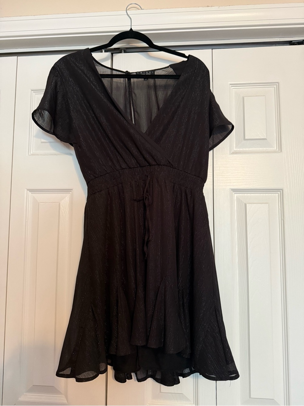 Trixxi Black Short Sleeve Wrap-Style Mini Dress with Shimmer